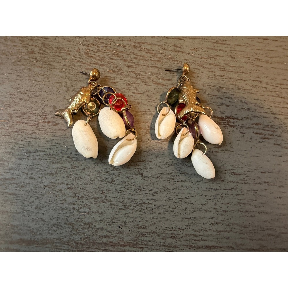 Vintage Gold Fish Cowrie Shell Multi Color Dangle Drop Post Earrings Nautical